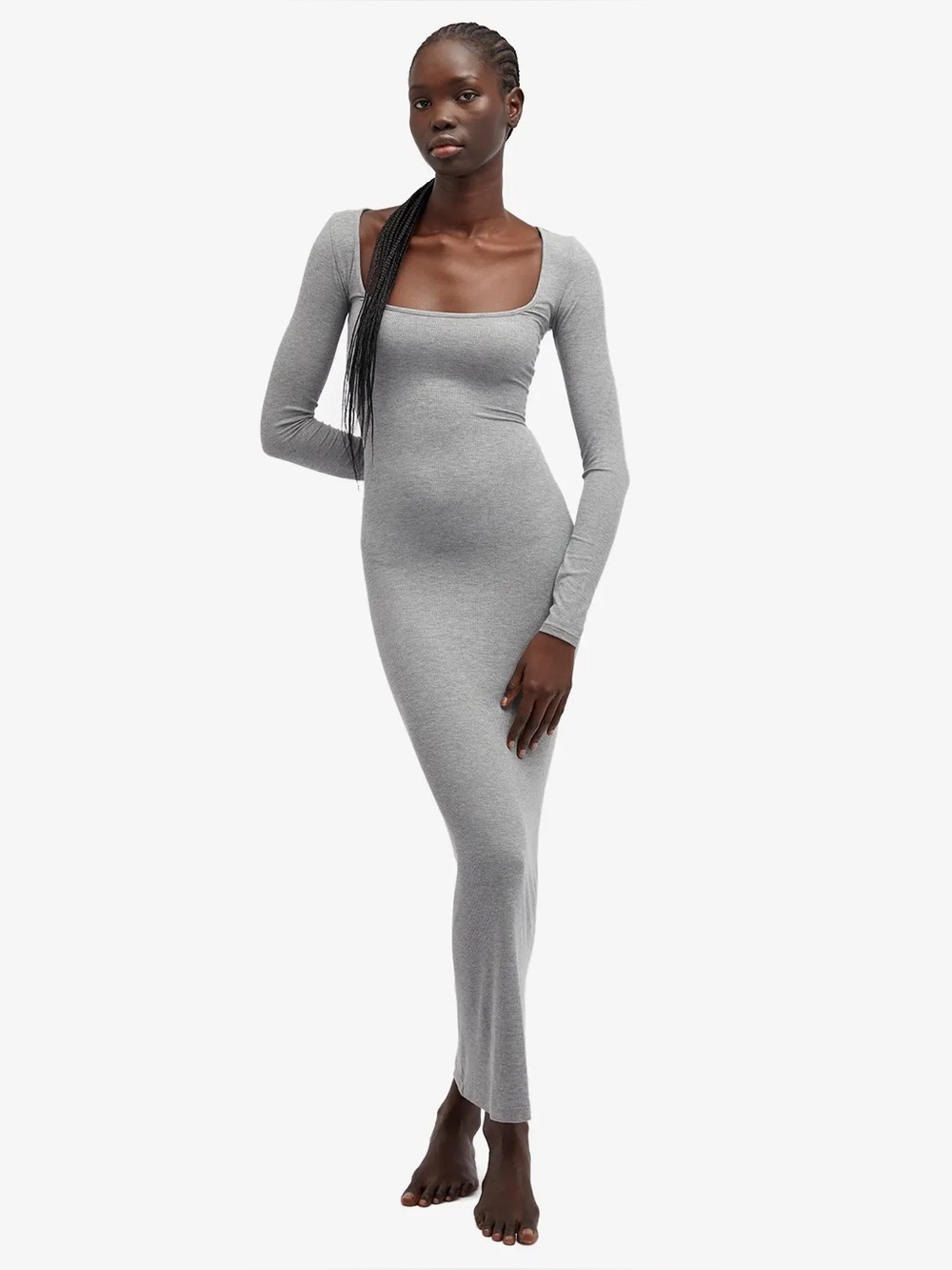 NWT SKIMS Soft Lounge Long Sleeve Heather Grey Ribbed Maxi Dress Sz Medium